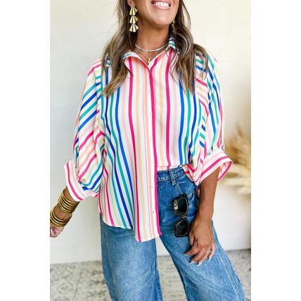 Pink Stripe 3/4 Sleeve Button Up Casual Shirt
