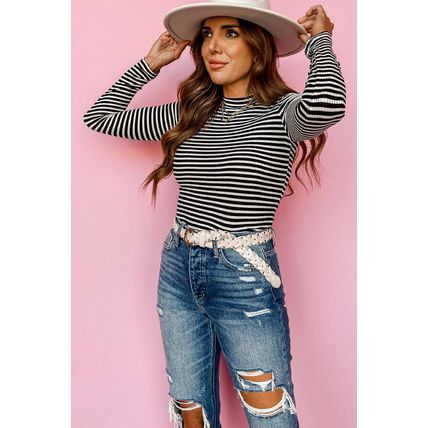 Black Stripe Knit Mock Neck Long Sleeve Slim Top