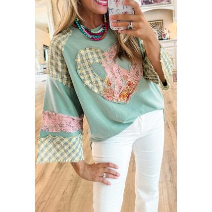Clearly Aqua Plaid Floral Peace Heart Graphic Wide Long Sleeve Top
