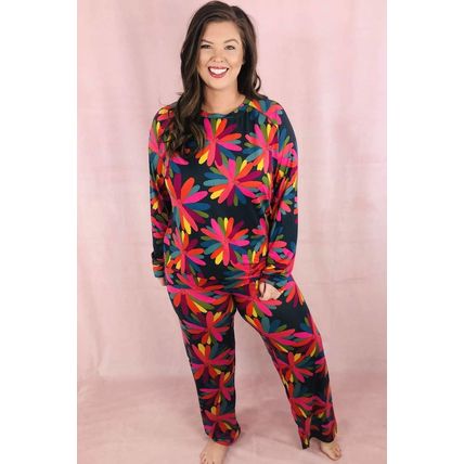 Black Plus Size Printed Long Sleeve and Pants Lounge Set