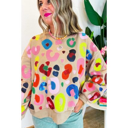 Khaki Multicolor Leopard Printed Drop Shoulder Pullover Sweatshirt