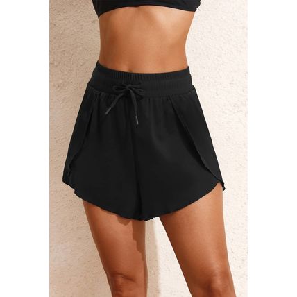 Black High Waisted Drawstring 2-in-1 Side Pocket Color Block Bikini Shorts