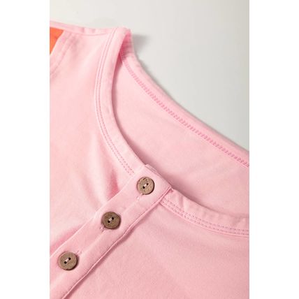 Pink Colorblock Long Sleeve Buttons Henley Top