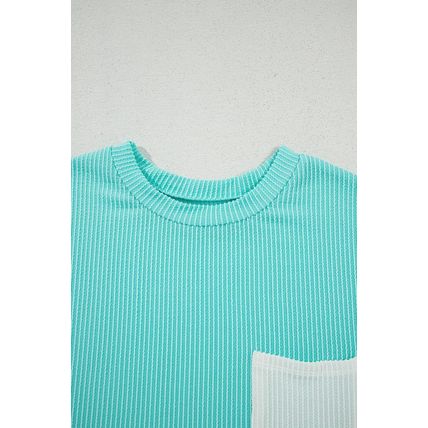 Light Blue Corded Knit Color Block Pocketed Crew Neck T Shirt