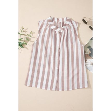Khaki Stripe Casual Button Down Sleeveless Shirt