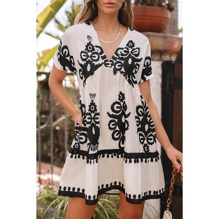 Black Vintage Print V Neck High Waist Short Sleeve Dress