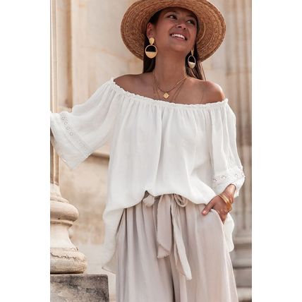 White Frilly Off Shoulder Lace Insert Sleeve Textured Blouse