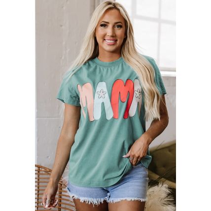 Sea Green MAMA Printed Mineral Wash Crewneck T Shirt