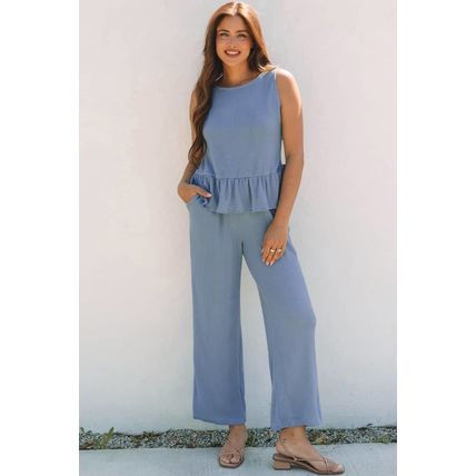 Beau Blue Solid Color Ribbed Ruffle Tank Top and Pants Set