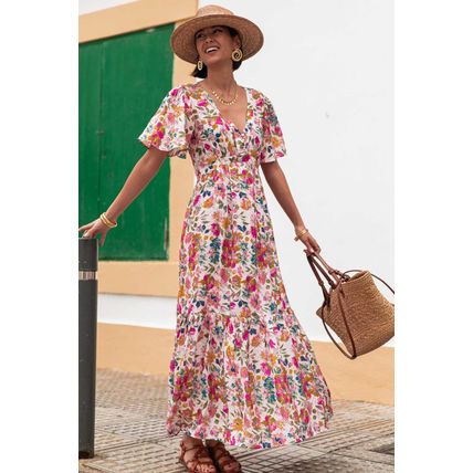 Red Floral Short Sleeve V Neck High Waist Maxi Dress