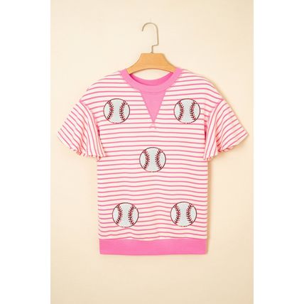 Sachet Pink Sequin Baseball Pattern Striped Ruffle Sleeve Round Neck Knit Top