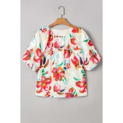 White Floral Print Puffy Half Sleeve Blouse