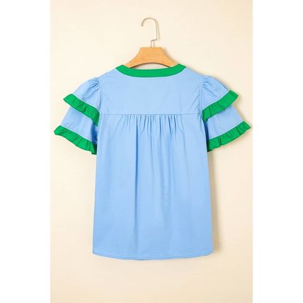 Mist Blue Contrast Notched Neck Frilly Detail Short Sleeve Blouse