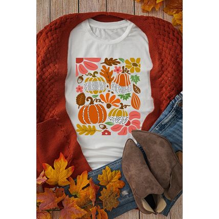 White Pumpkin Flower Print Fall Graphic Cotton Blend Tee