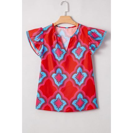 Red Abstract Floral Print Trimmed Flutter Sleeve Blouse