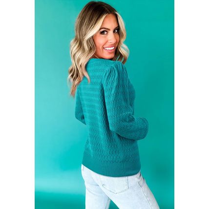 Sea Green Trendy Pattern Knit Ribbed Cuffs Crew Neck Sweater