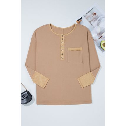 Dark Khaki Color Block Waffle Textured Tunic Henley Top with Slits