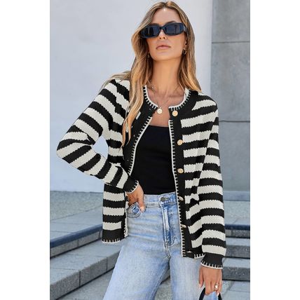 White Stripe Chic Golden Button Cardigan Sweater