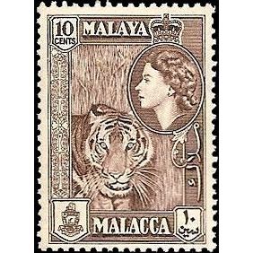 Malaya Malacca QEII 1957 10c Deep Maroon Mounted Mint MM SG 44 Sc 60 stamp Tiger