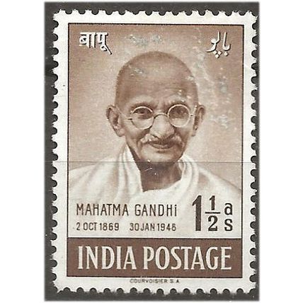 India 1948 SG305 1 1/2a Brown Gandhi 1st Anniv Mint No Gum . .. .