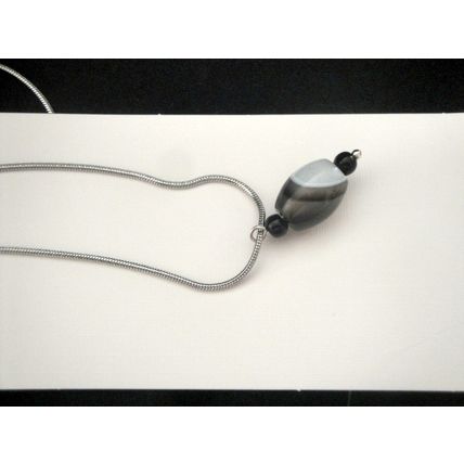 White black grey banded agate barrel pendant on stainless steel necklace