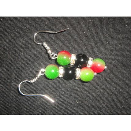 Blended red / green with black glass & clear crystal rhinestone drop earrings