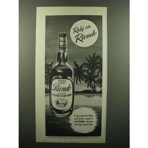 1945 Riondo Puerto Rican Rum Ad - Rely on Riondo