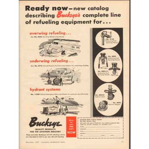 BUCKEYE IRON BRASS WORKS 1957 aviation refueling equipment vintage ad