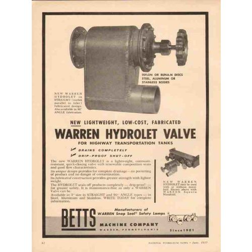 BETTS MACHINE COMPANY 1957 truck tank Warren hydrolet valve vintage ad