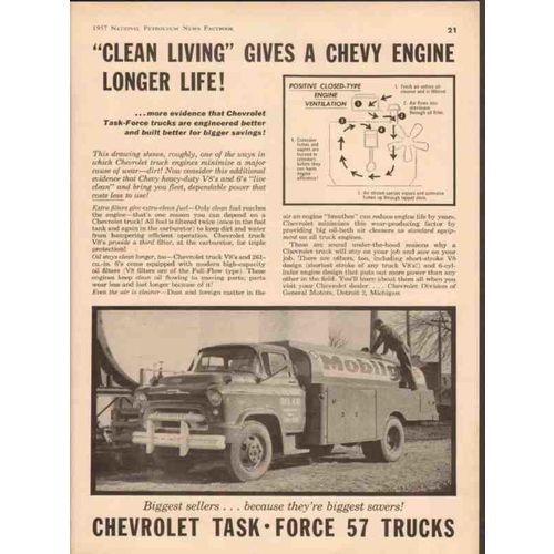 CHEVROLET 1957 clean living longer engine life Chevy trucks vintage ad