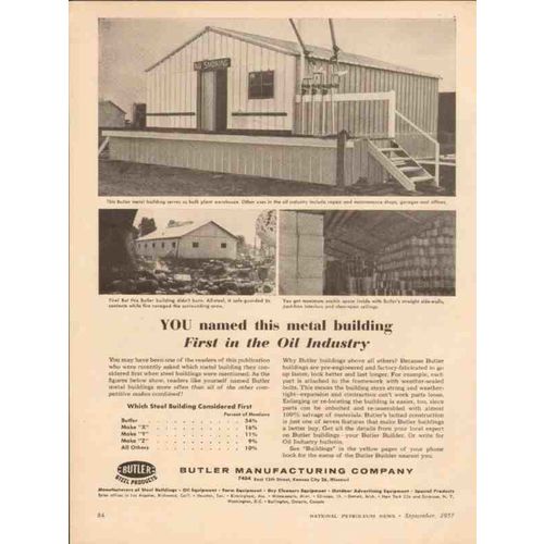 BUTLER MFG COMPANY 1957 metal building first oil industry vintage ad