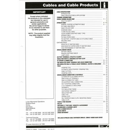 Lucas Cable & Cable Products Parts Catalogue XCB660D 1996 PDF