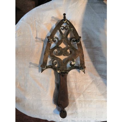 Antique/Vintage Wood & Solid Brass Iron Shape Stand/Trivet - Decor