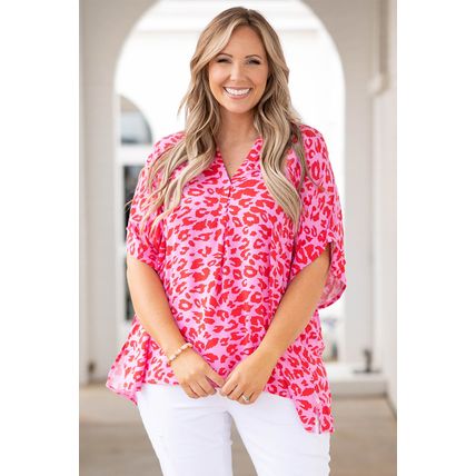 Rose Leopard Print V Neck Half Sleeve Plus Size Blouse