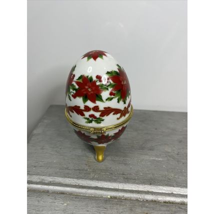 Porcelain Painted Floral Egg Footed Trinket Box Collectible Vintage Display