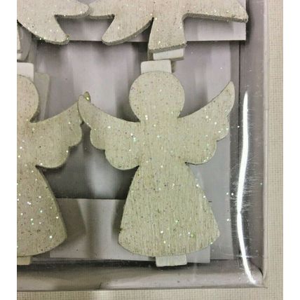 Heaven Send Set of 6 Glittery White Angel & Christmas Tree Wooden Decoration Peg