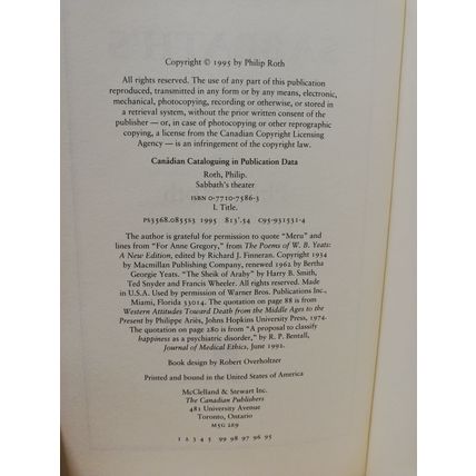 Sabbath's Theater - Philip Roth - 1st Canadian Edition - 1st Print - Hbk - 1995