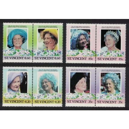 St. Vincent Queen Elizabeth the Queen Mother 4 pairs 1985 MNH SG#910-917