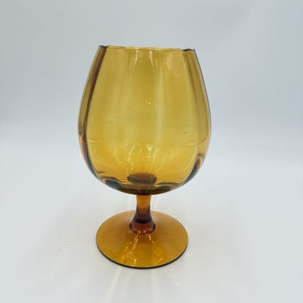 Vintage MCM Empoli Amber Art Glass Ribbed Footed Compote Italy 8”