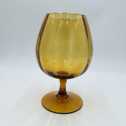 Vintage MCM Empoli Amber Art Glass Ribbed Footed Compote Italy 8”