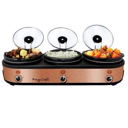 MegaChef Triple 2.5 Quart Slow Cooker and Buffet Server in Brushed Copper and...