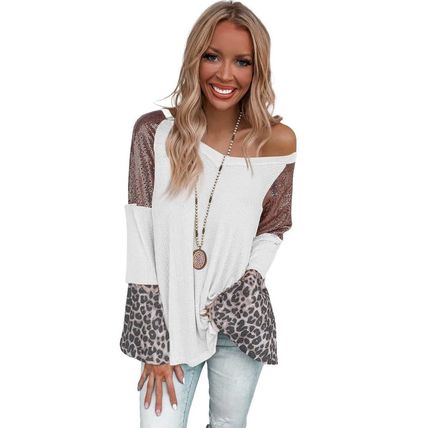 White Sequin Patchwork Bell Sleeve V Neck Tunic Top