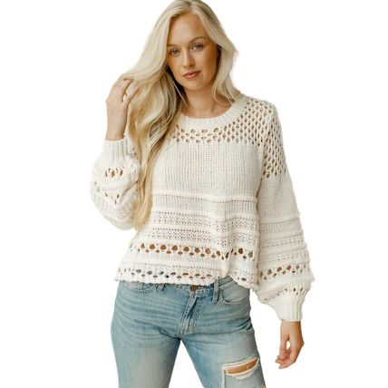 White Solid Color Pointelle Knit Puff Sleeve Sweater