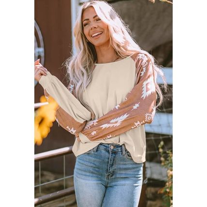 Apricot Western Print Patch Long Sleeve Top