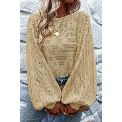 Apricot Lantern Sleeve Eyelets Textured Knit Sweater