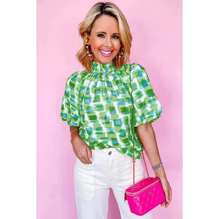Green Abstract Print Button Back Ruffled High Neck Blouse