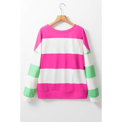 Rose Red Colorblock Striped Drop Shoulder Long Sleeve Top