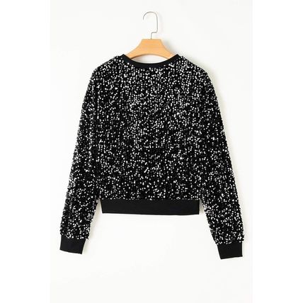 Black Sequined Long Sleeve Crew Neck Cropped Blouse