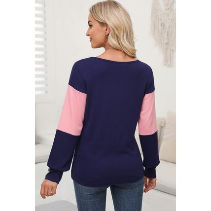 Blue Stripe Colorblock Button Decor Long Sleeve V Neck Top