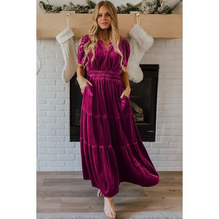 Red Dahlia Velvet Short Sleeve Shirred Waist Tiered Maxi Dress